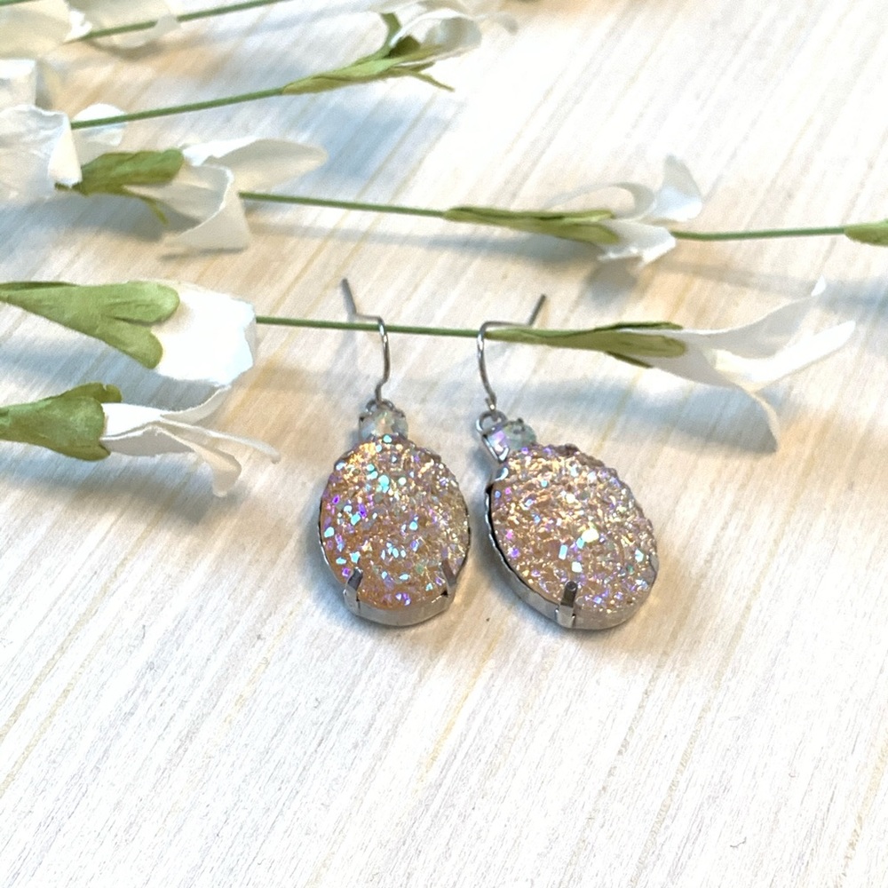 Silver Iridescent Crystal Dangle Earrings - Picture 1 of 7